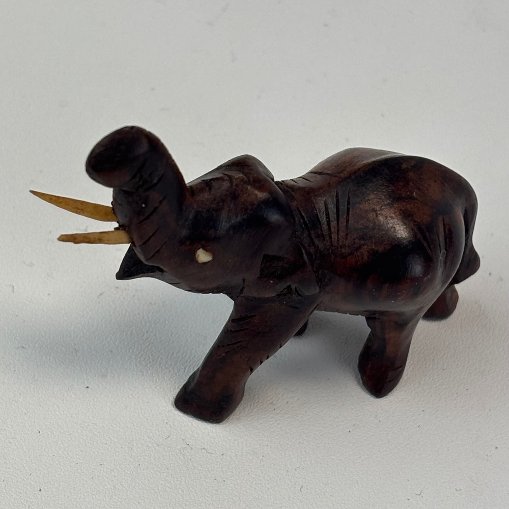 Antique‎ Hand Carved Wood Elephant Figurine with Ivory Tusks and Eyes